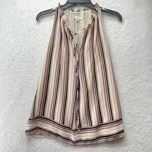 Max Studio Tank Top Women's S Beige Pink Striped V Neck Tie Neck Ruffles Halter